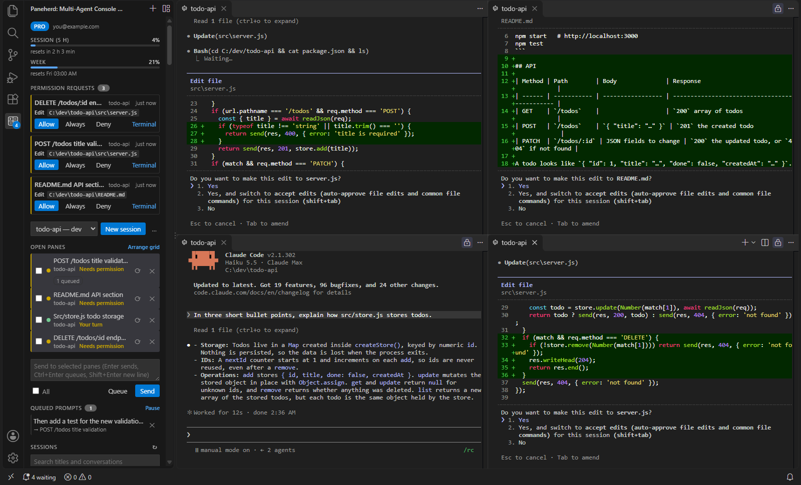 Four Claude Code sessions in a grid in VS Code, with the Paneherd sidebar showing three permission requests waiting in the inbox, each with Allow, Always and Deny.